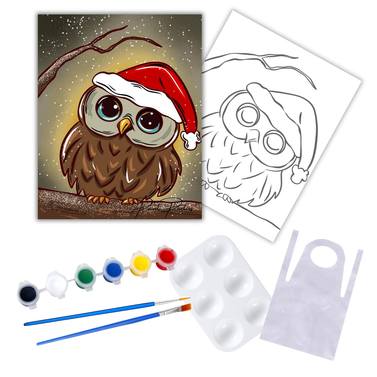 "Christmas Owl" DIY Canvas Art Kit, Adult Beginner, Acrylic Paint Size 11x14 inch