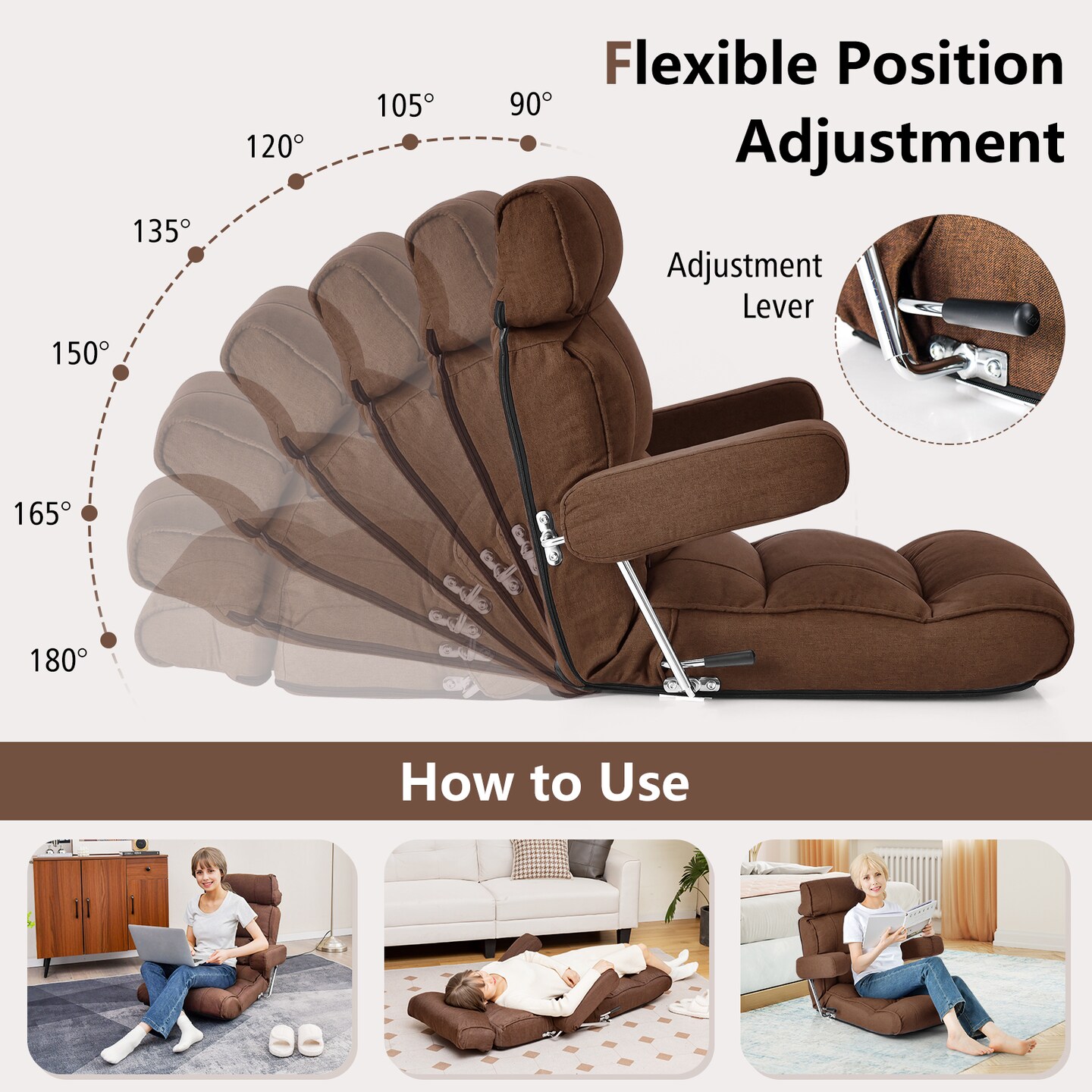 Foldable Floor Sofa Chair with 6-Position Adjustable Headrest and Metal Frame