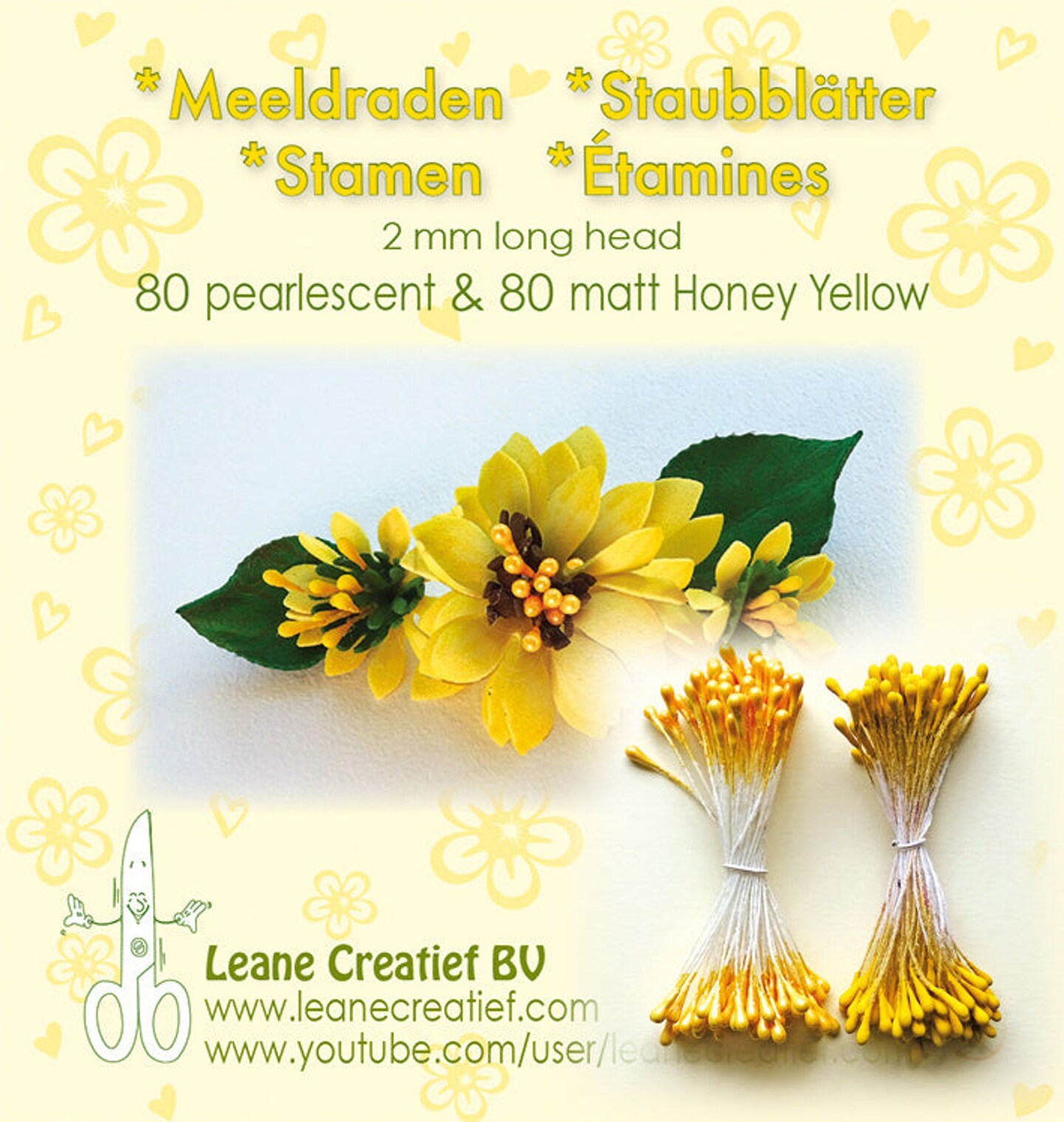 Leane Creatief Stamen 2mm, 80 Matte &#x26; 80 Pearl Honey Yellow
