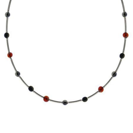 Sterling Silver .925 Genuine Hematite and Carnelian Stone Bar and Bead Necklace