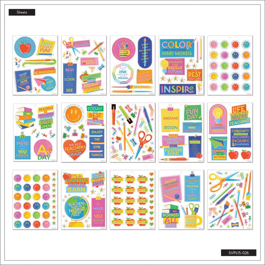 Happy Planner Large Sticker Value Pack 15/Sheets-Abstract Silkscreen Teacher Large