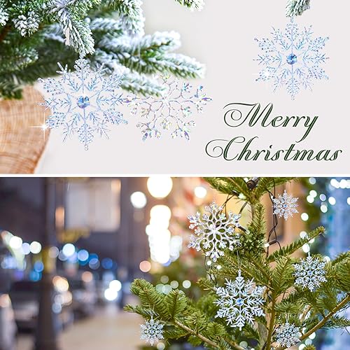 46Pcs Plastic Snowflake Ornament Christmas Glitter Snowflake Hanging Christmas Tree Decorations with Silver Rope for Winter Decorations Tree Window Door Accessories (Iridescent)