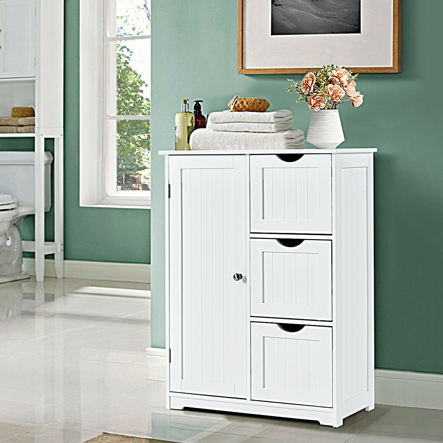 MDF Bathroom Floor Cabinet with Drawers and Adjustable Shelf