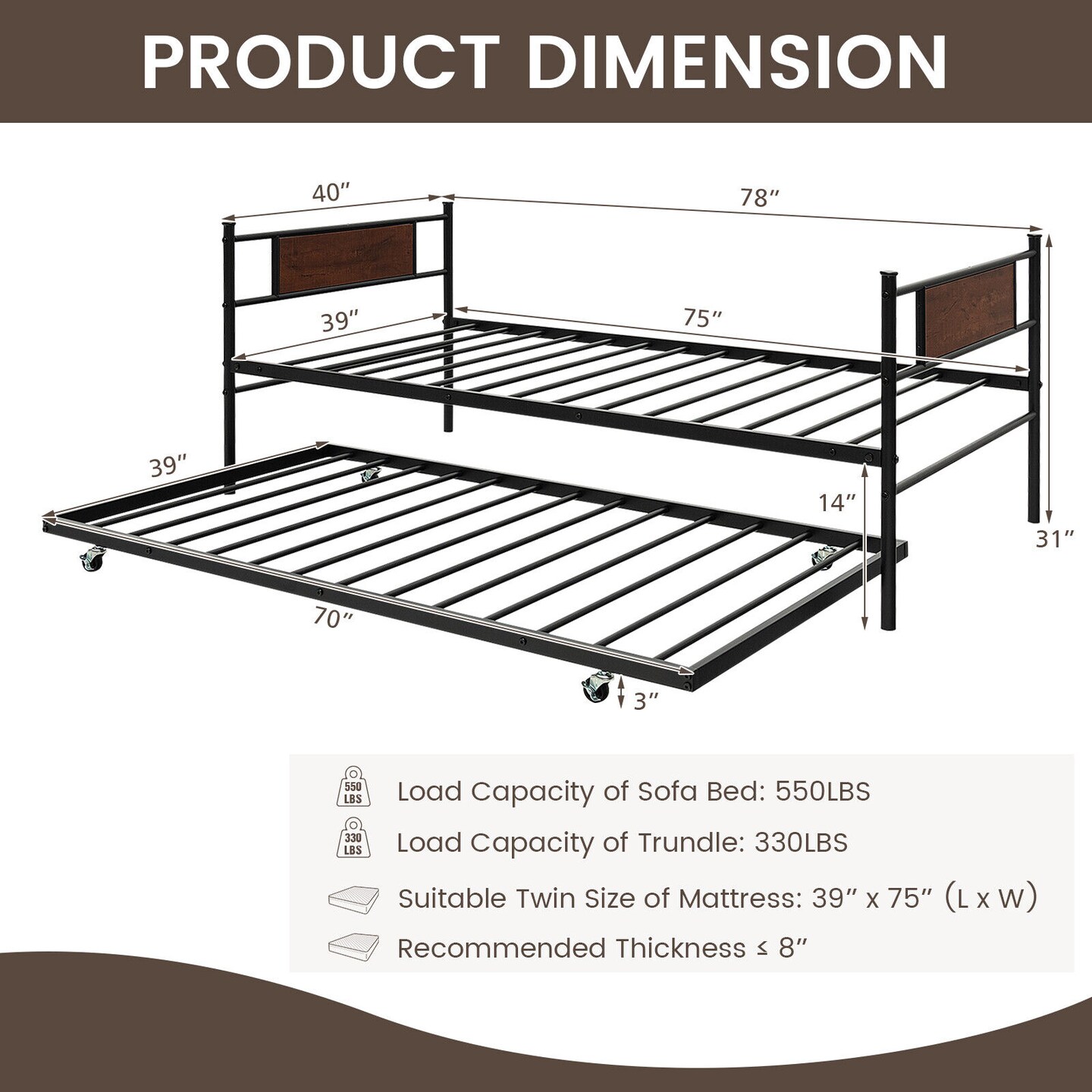 Black Twin Daybed Frame with Pullout Trundle, Space-Saving Design