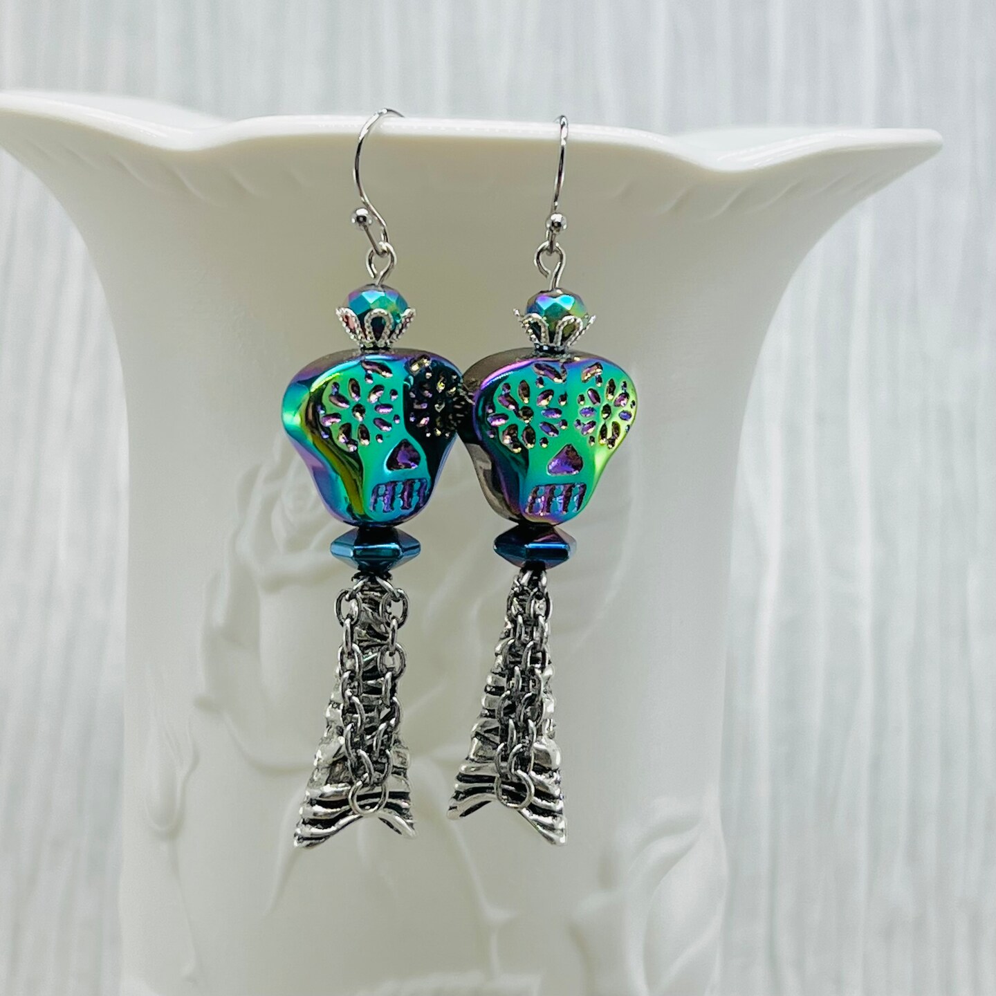 Silver metallic skirt earrings sale