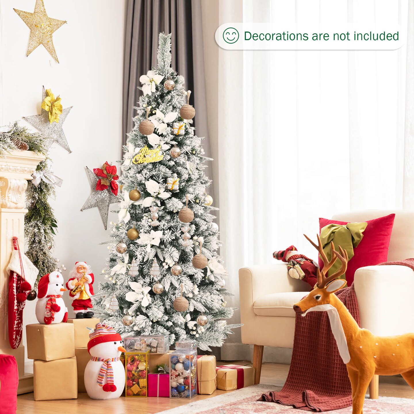 Snow Flocked Christmas Pencil Tree with Berries and Poinsettia Flowers