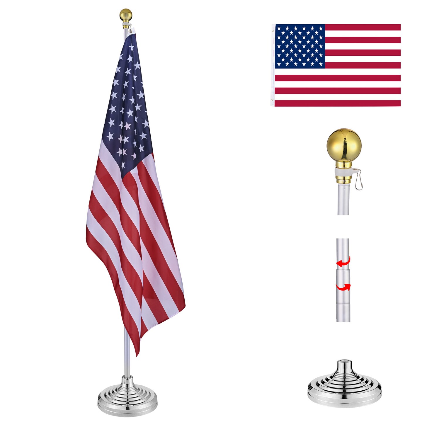 Silver and Golden Telescoping Al Flag Pole With US Flag, Ball and Eagle