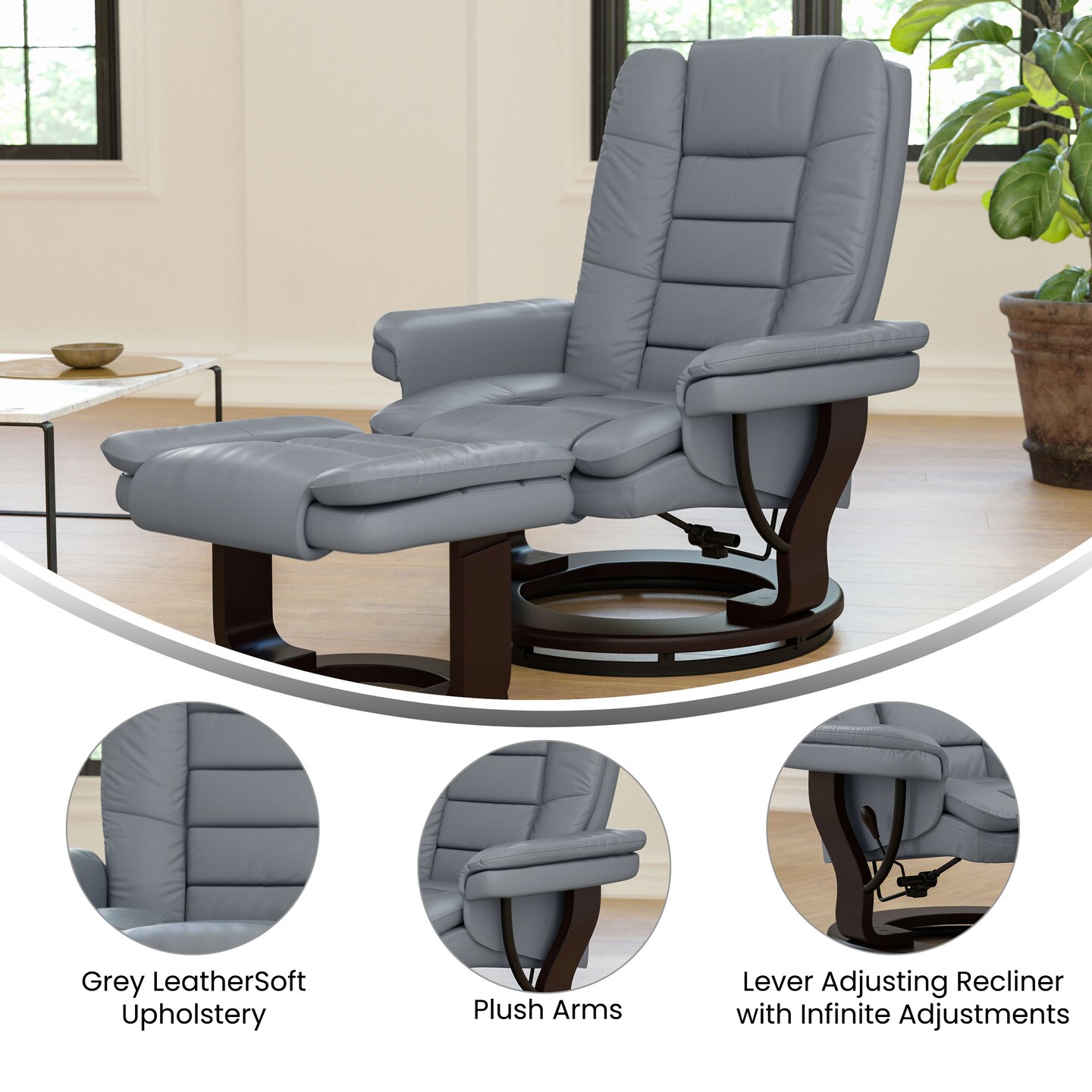 Emma and Oliver Multi-Position Stitched Recliner &#x26; Ottoman with Swivel Base