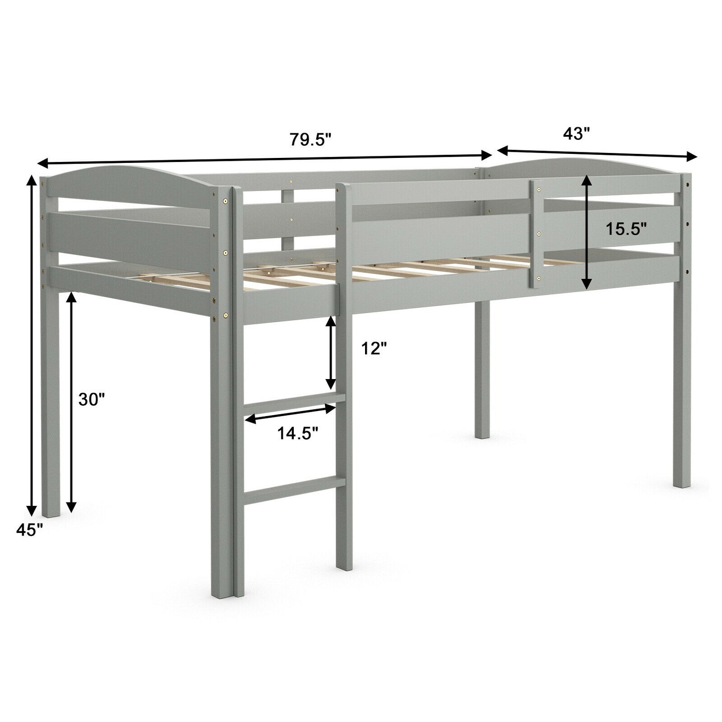 Wooden Twin Low Loft Bunk Bed with Guard Rail and Ladder