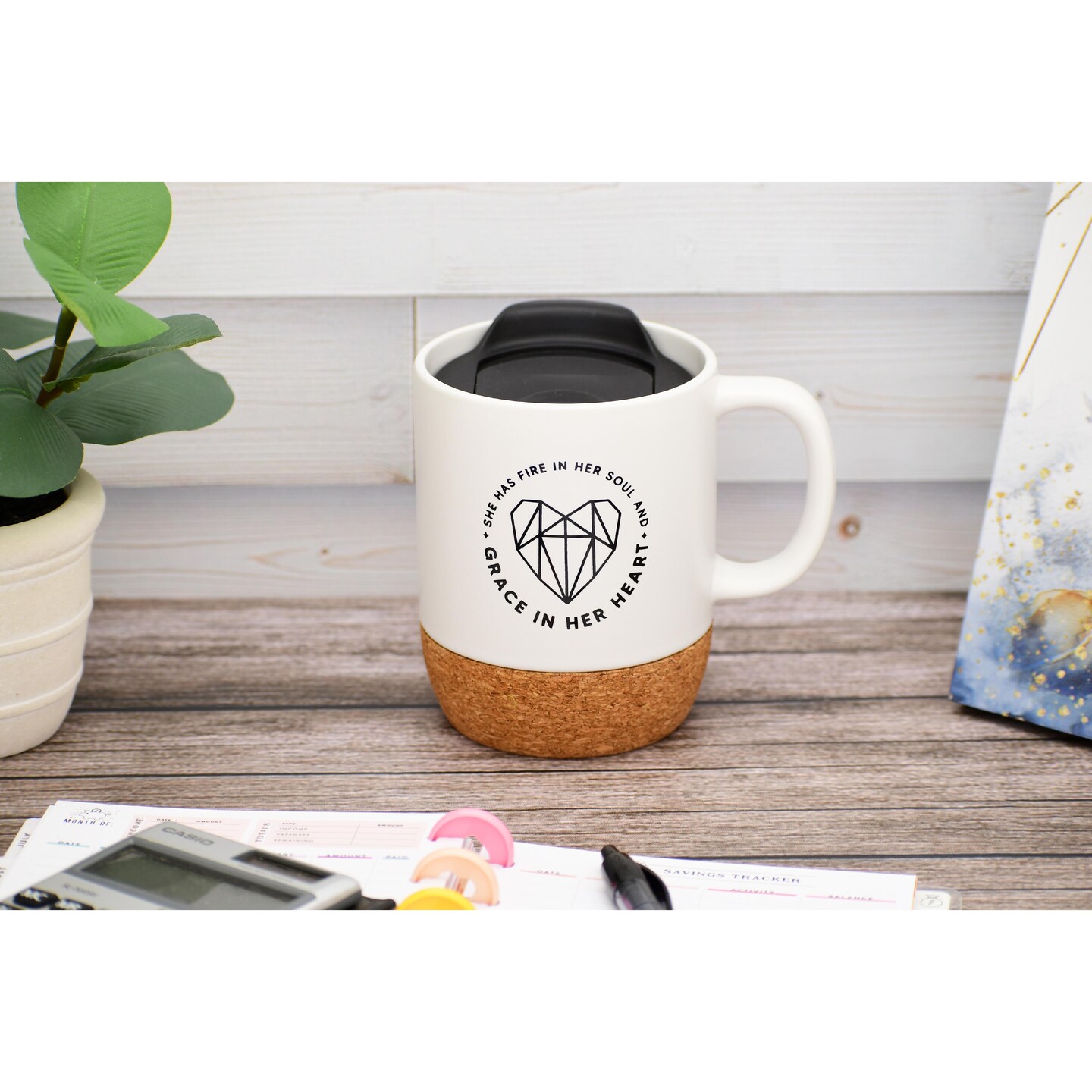 Dexsa She Has Fire In Her Soul Designer Cork Bottom Mug with Lid - 14 oz
