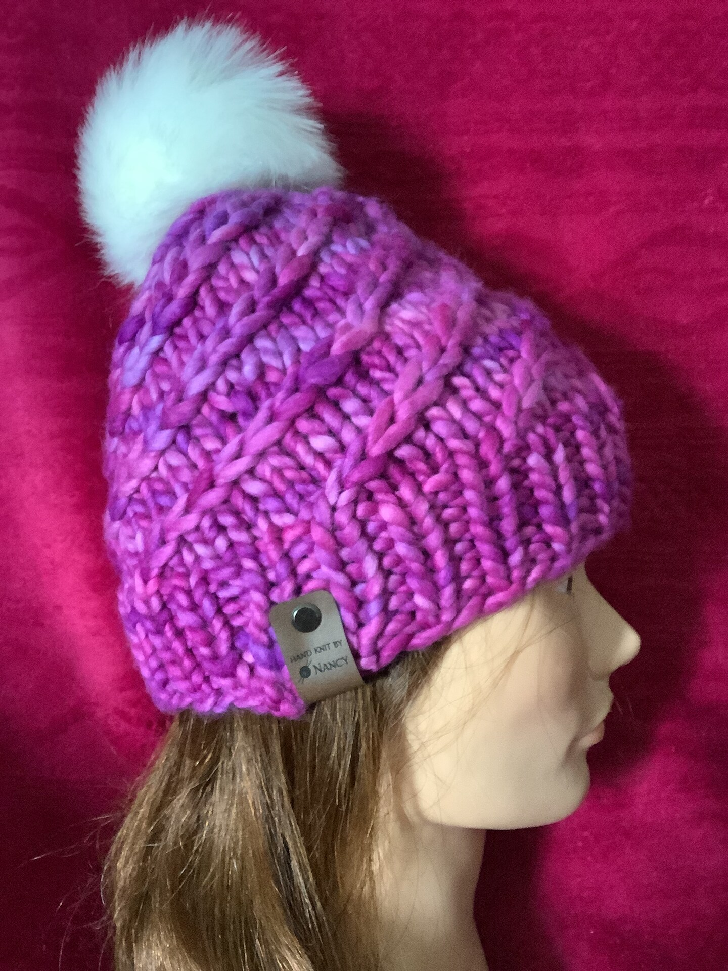 Hand knitted Chunky weight hat with faux Pom Pom made with  display picture 2