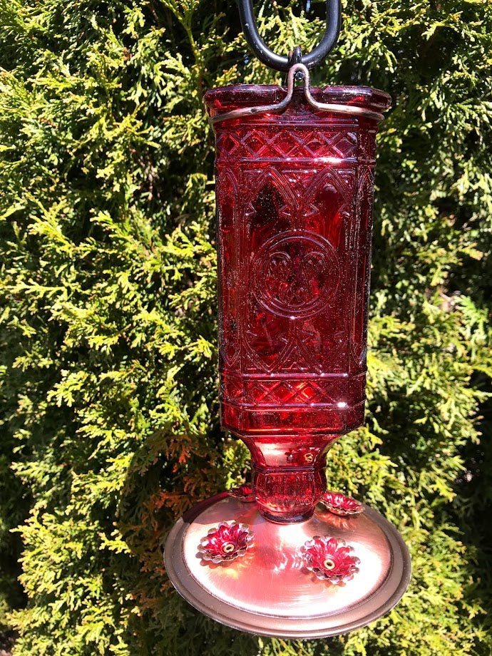 Hummingbird Feeder Vintage Inspired Red Glass SQUARE