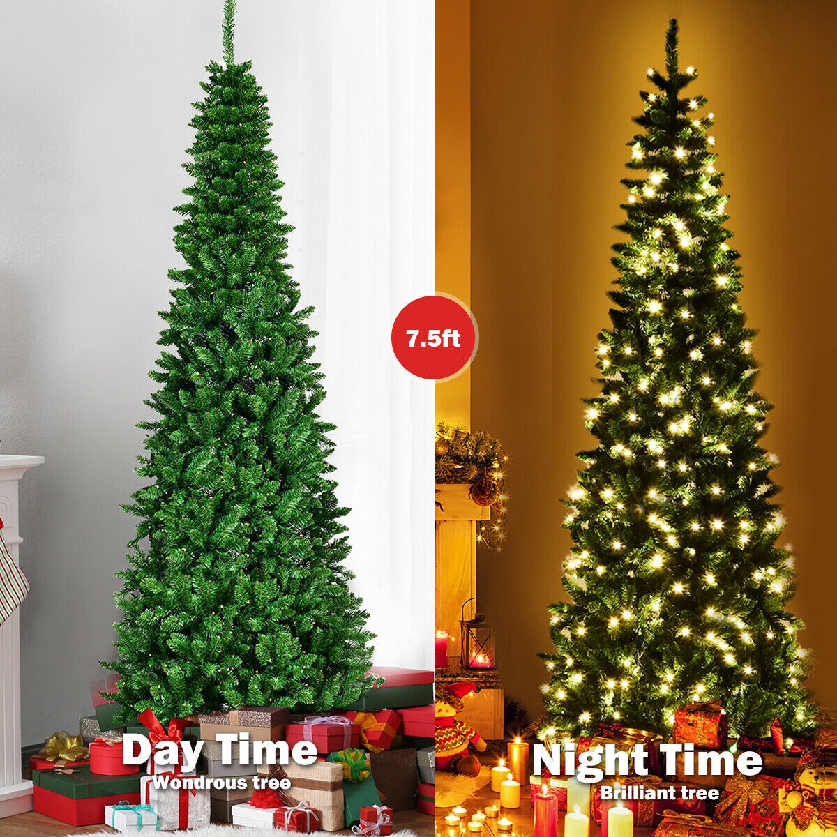 Pre-Lit Hinged Artificial Pencil Christmas Tree with 250 LED Lights and 708 Branches