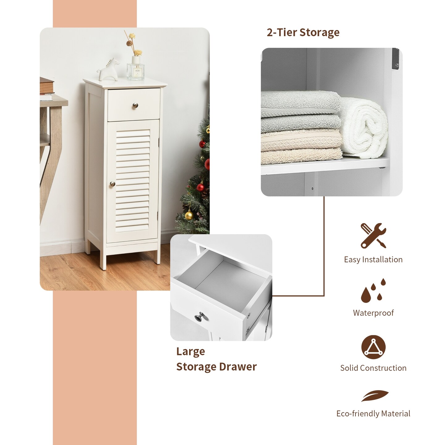 MDF Freestanding Bathroom Cabinet with Adjustable Shelf, Drawer and Shutter Door
