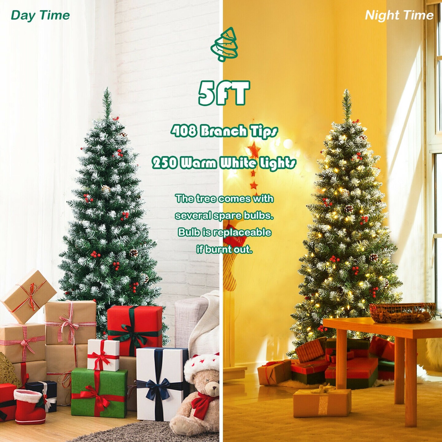 Pre-lit Artificial Pencil Christmas Tree with Pine Cones and Red Berries