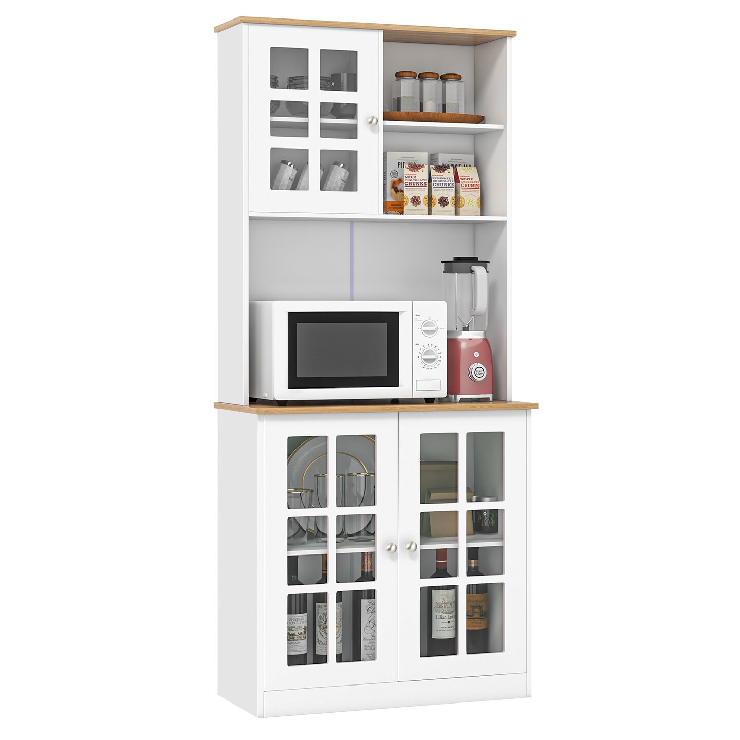 Freestanding Pantry Cabinet with Hutch and Adjustable Shelf