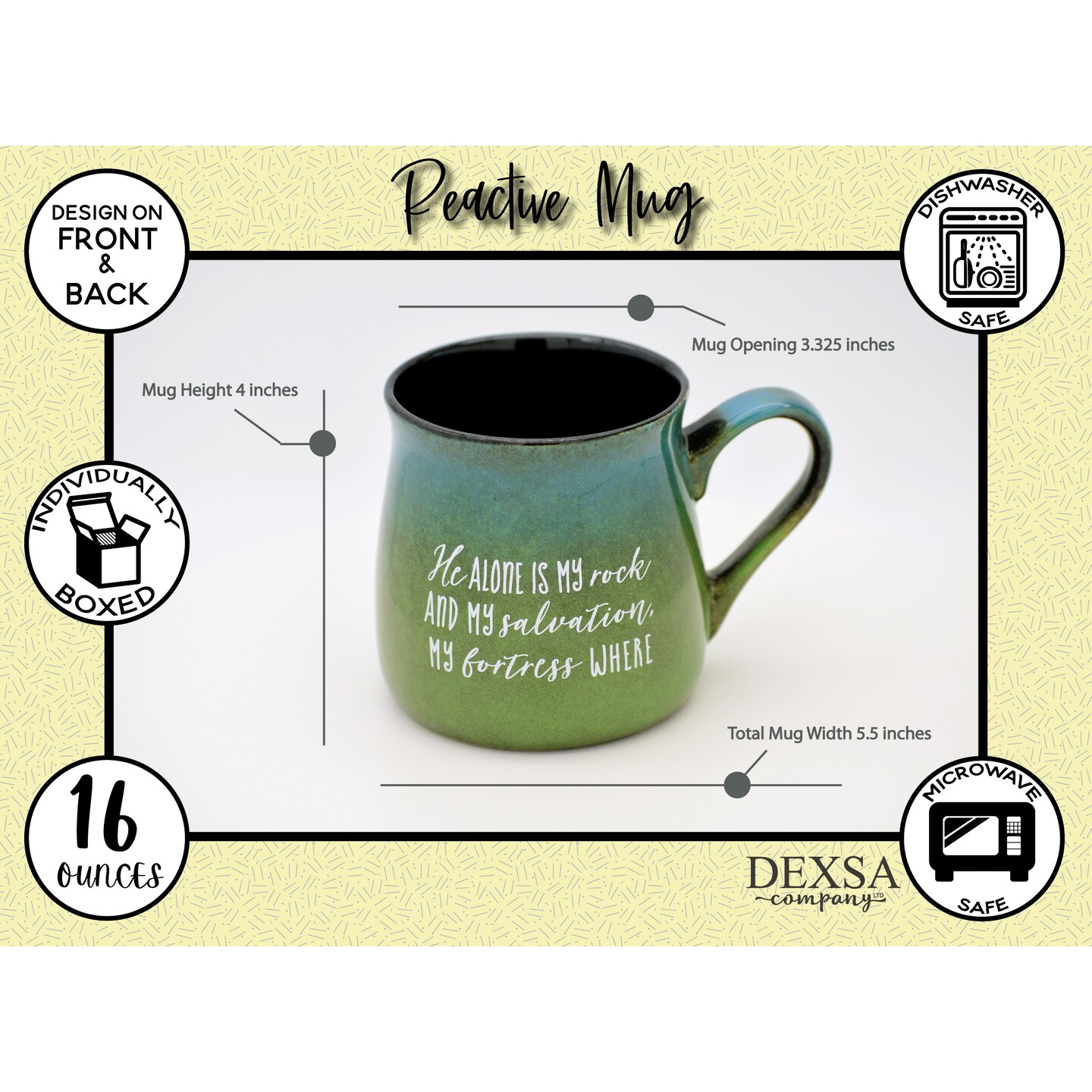 Dexsa Coffee Tea Soup Ceramic Mug | He alone is my rock and my salvation, my fortress where I will not be shaken Psalm 62:6 | 16 ounce Designer Mug with Inspiring Sentiment | Elegant Pottery Look