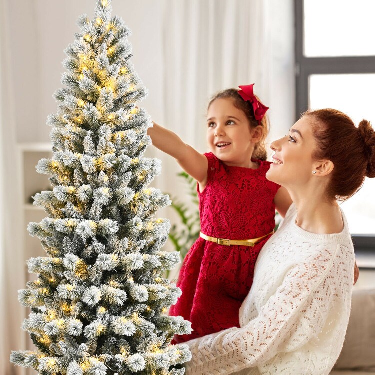 7.5 Feet Pre-lit Snow Flocked Christmas Tree with 9 Lighting Modes