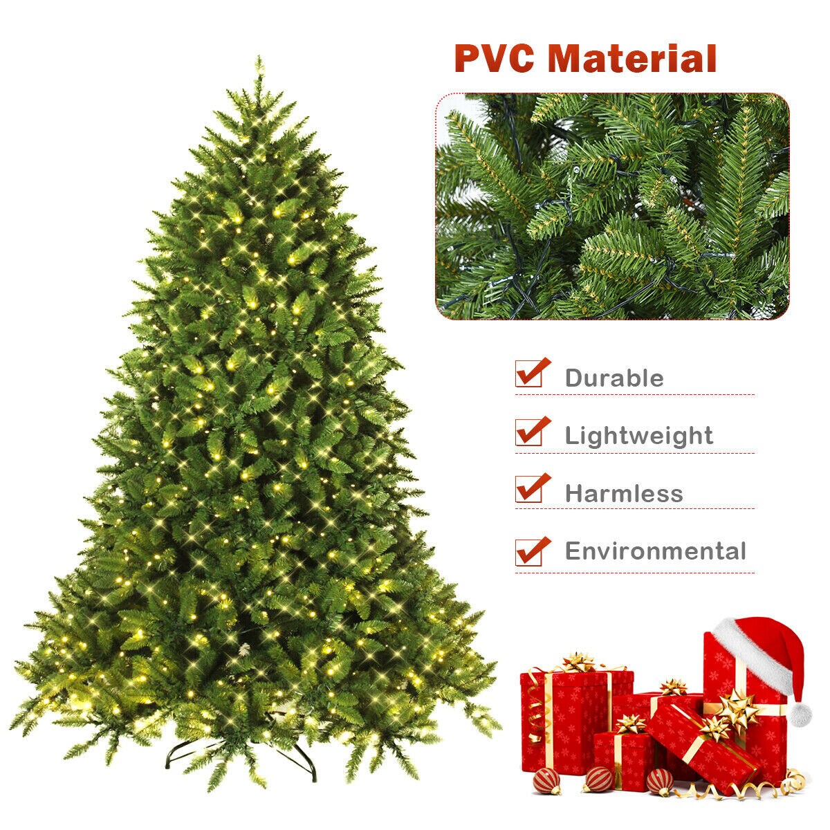 7.5 Feet Pre-lit PVC National Christmas Fir Tree with LED Light and Metal Stand