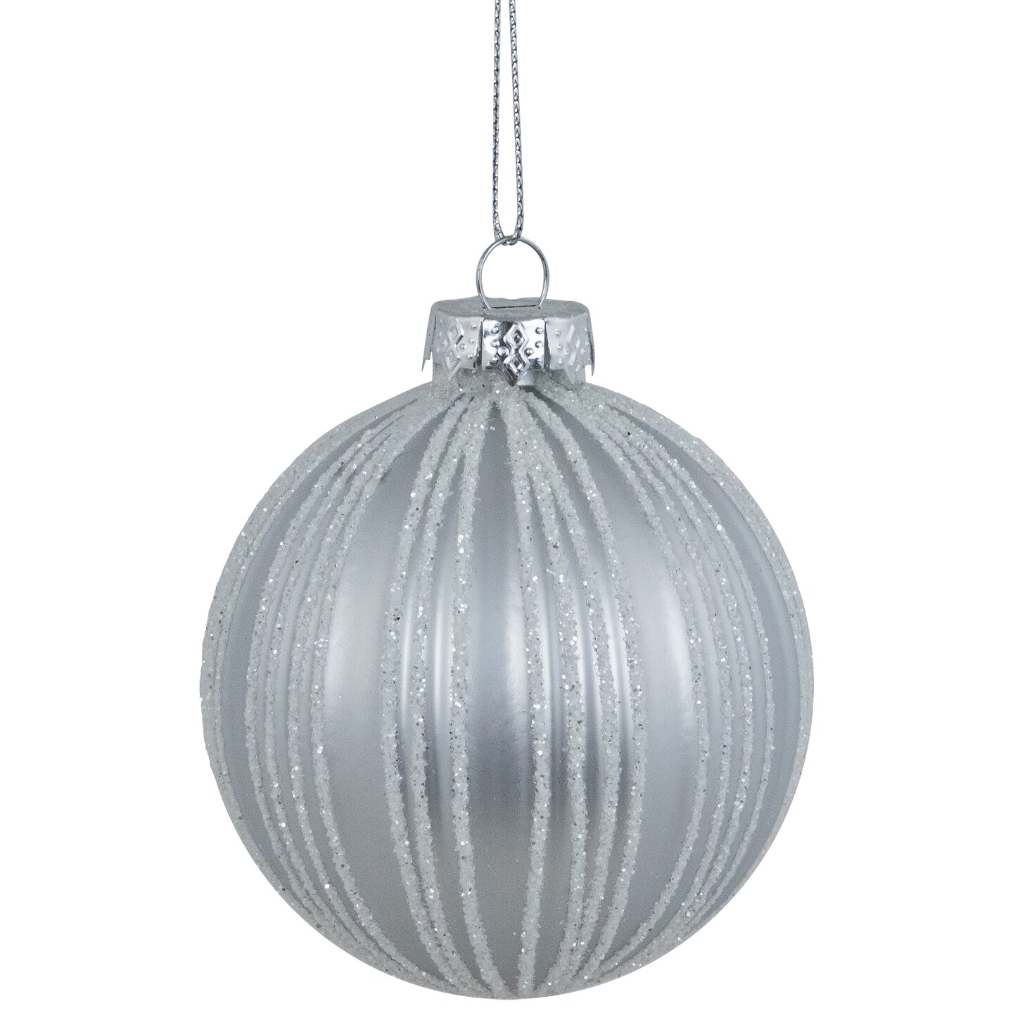 Northlight 4ct Silver and White Glitter Striped Glass Ball Christmas Ornaments 3&#x22;