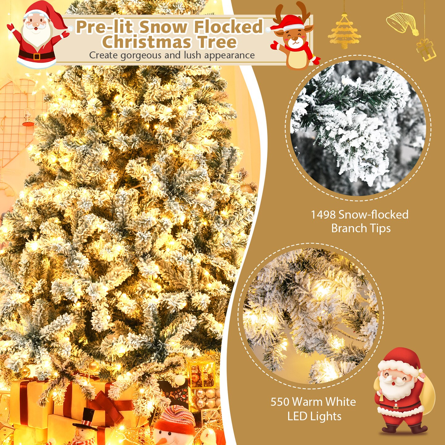 Pre-Lit Premium Snow Flocked Hinged Artificial Christmas Tree