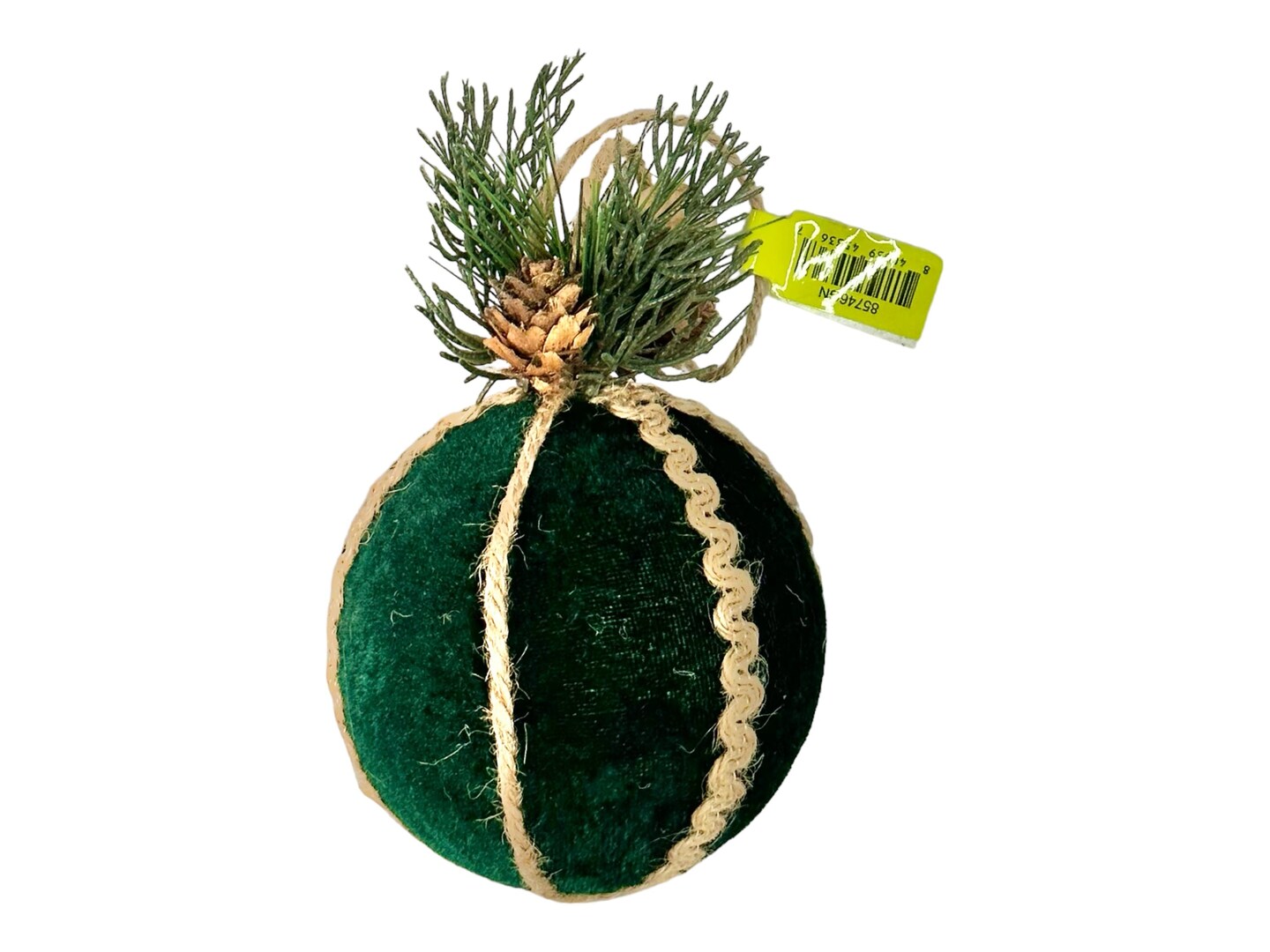 4&#x22; Foam Jute Velvet Pine Ball Ornament in Emerald Green by TCT Crafts - Rustic Holiday Decor-85746GN