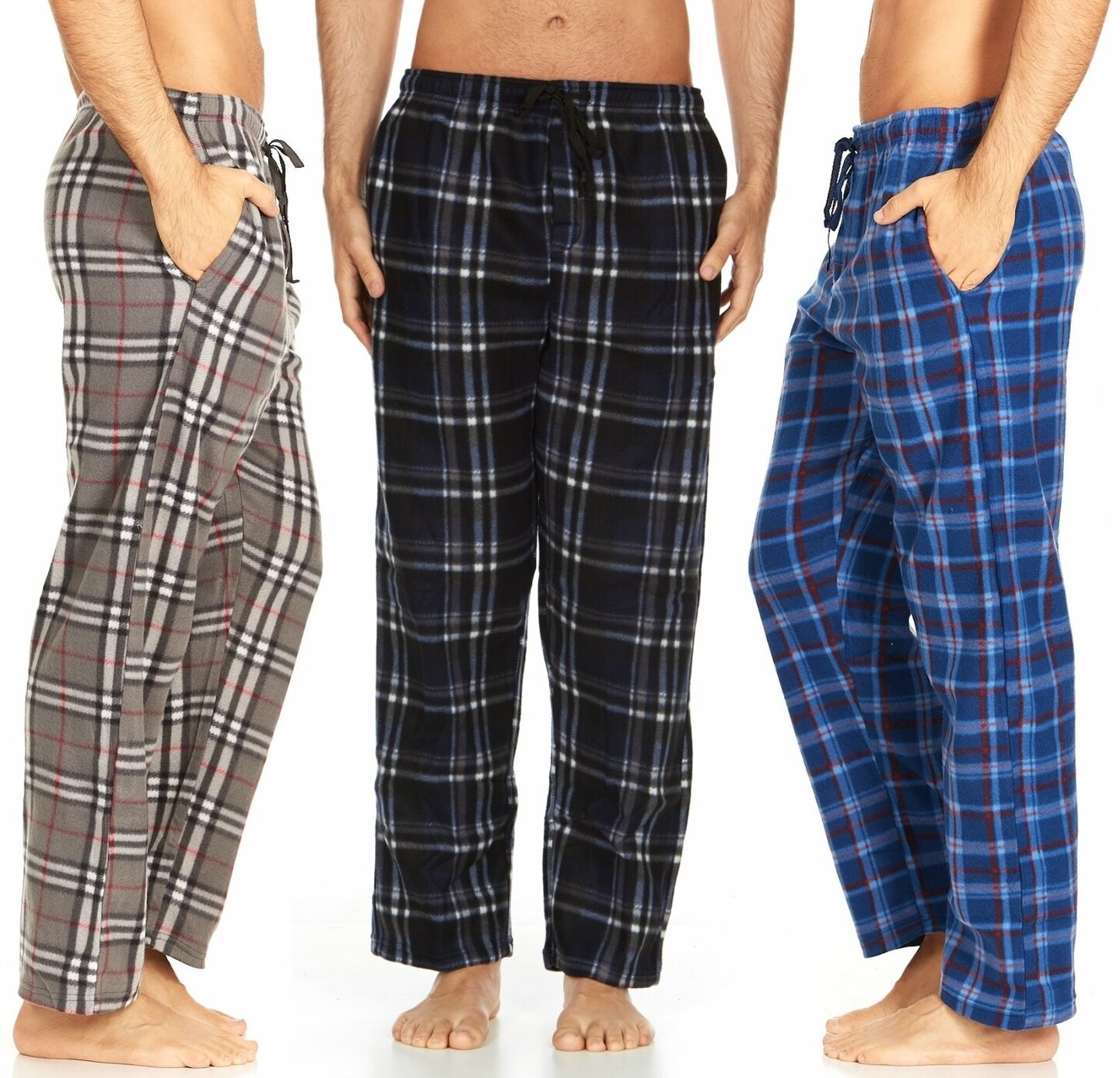 Men's Microfleece PJ Plaid Pajama Pants with Pockets 3 Packs