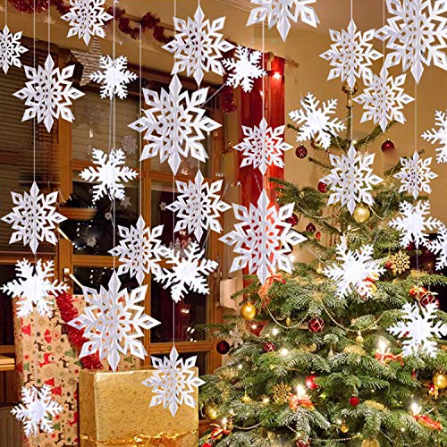 Oumuamua Winter Christmas Hanging Snowflake Decorations, 12pcs Snowflakes Garland & 12pcs 3D Glittery Large White Snowflake for Christmas Winter