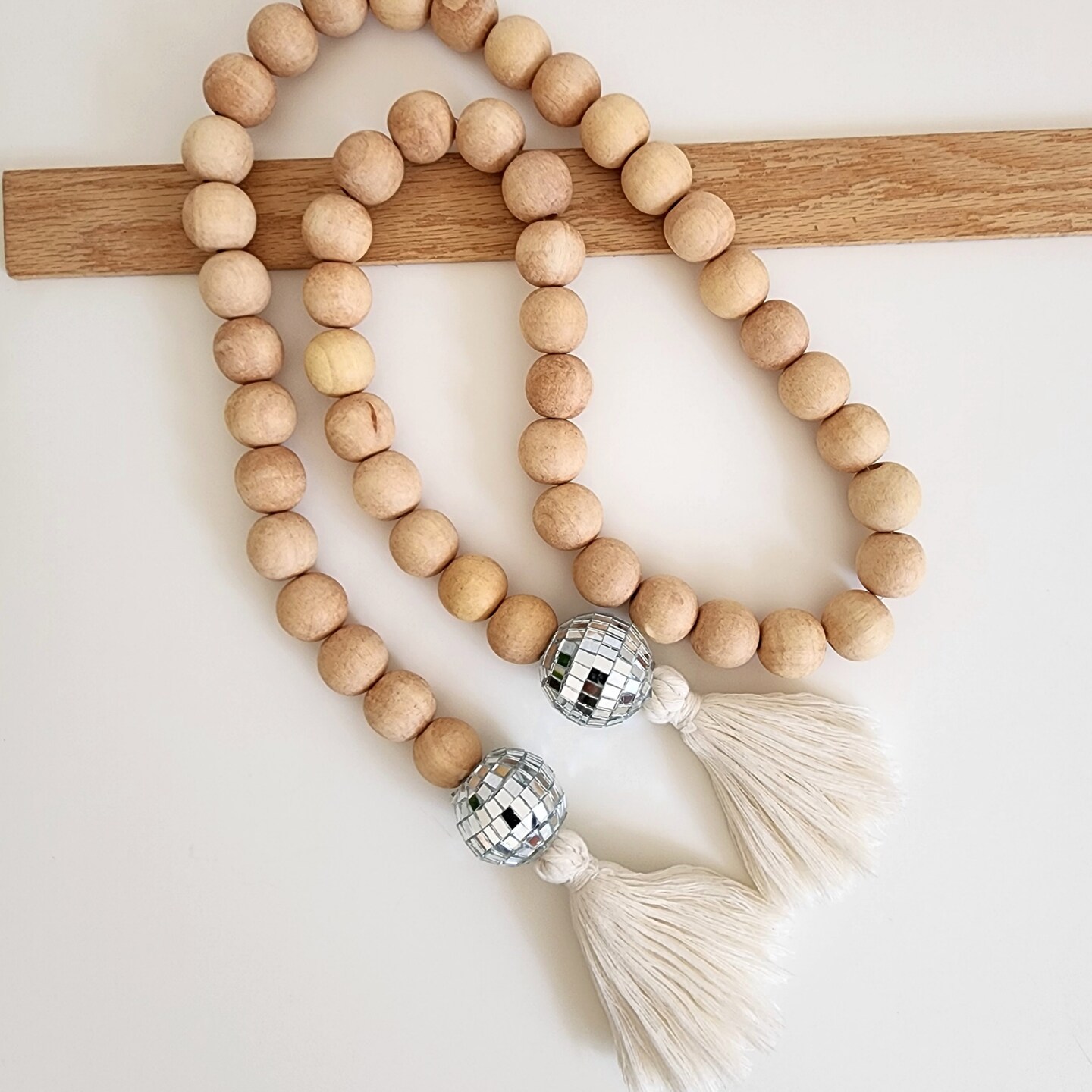 Handmade Large and Chunky wood Beads Garland with Cotton Tassels and Disco  balls, 4.5 ft long Decorative Natural Beads for Boho Home Decor
