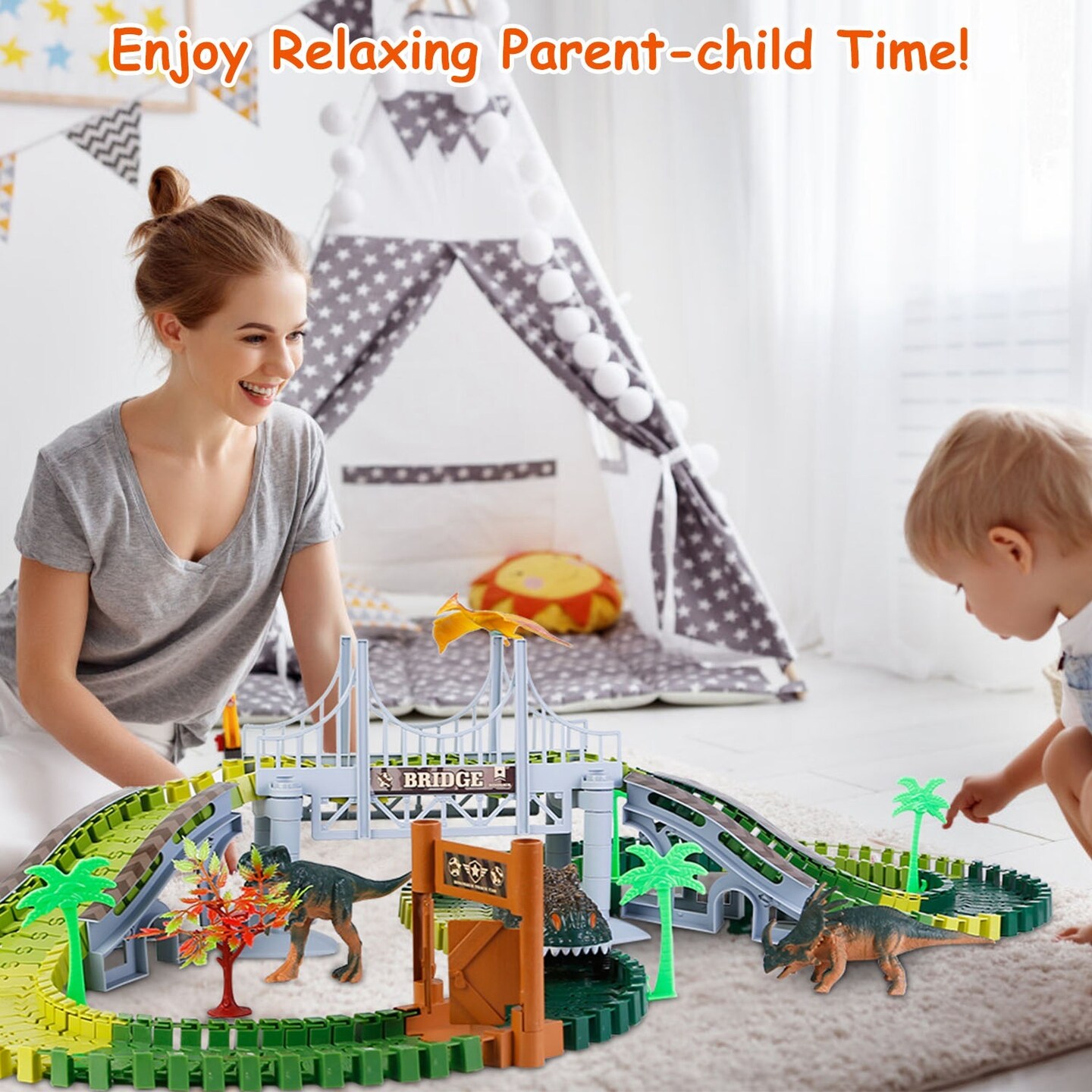 175Pcs Dinosaur Race Track DIY Set with 3 Dinosaurs and 1 Race Car