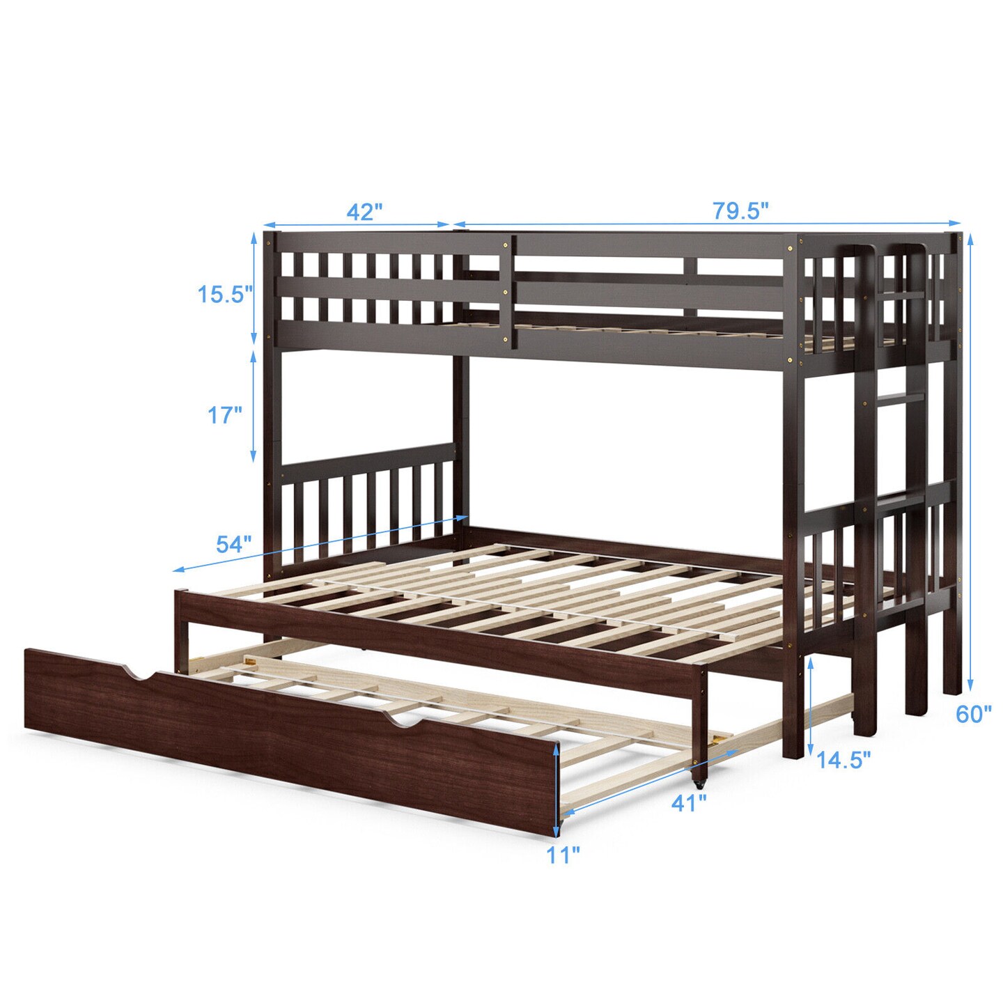 Dark Brown White Wood 4-in-1 Convertible Bunk Bed with Trundle and Ladder
