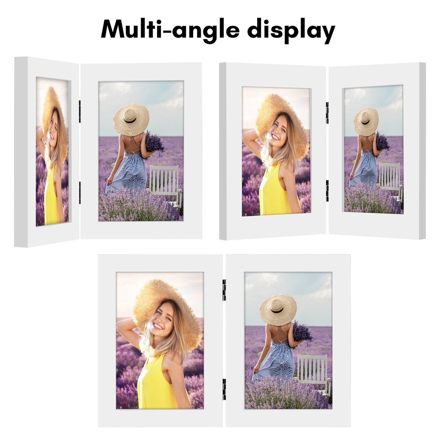 Americanflat Tri-Folding Picture Frame - Displays Two Photos at Once - Double Hinged Picture Frame - Shatter Resistant Glass - Tabletop Display Picture Frame - Black