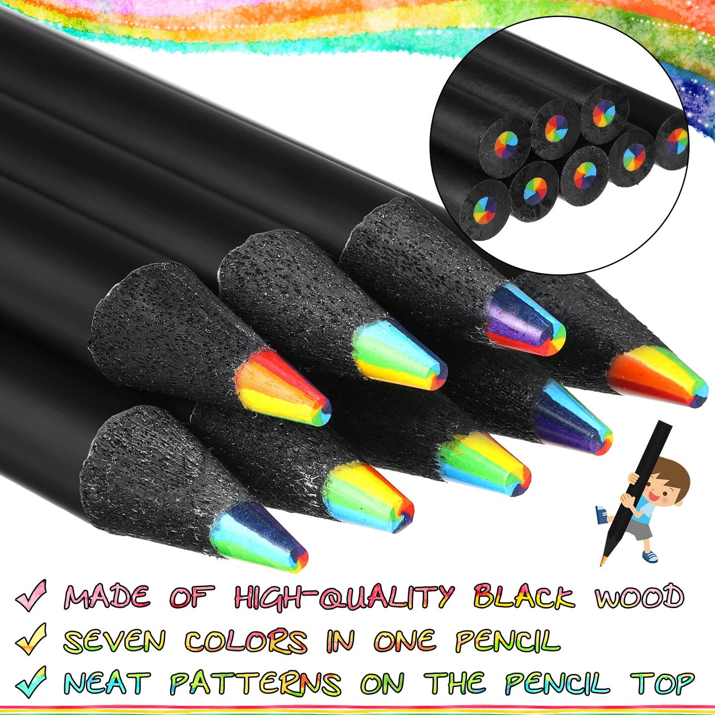 48 Pcs Rainbow Colored Pencils, 7 Color in 1 Rainbow Pencil for Kids, Wooden Colored Pencil Multi Colored Pencils Bulk with 4 Pieces Sharpener for Kids Adults Art Drawing (Black Wood)