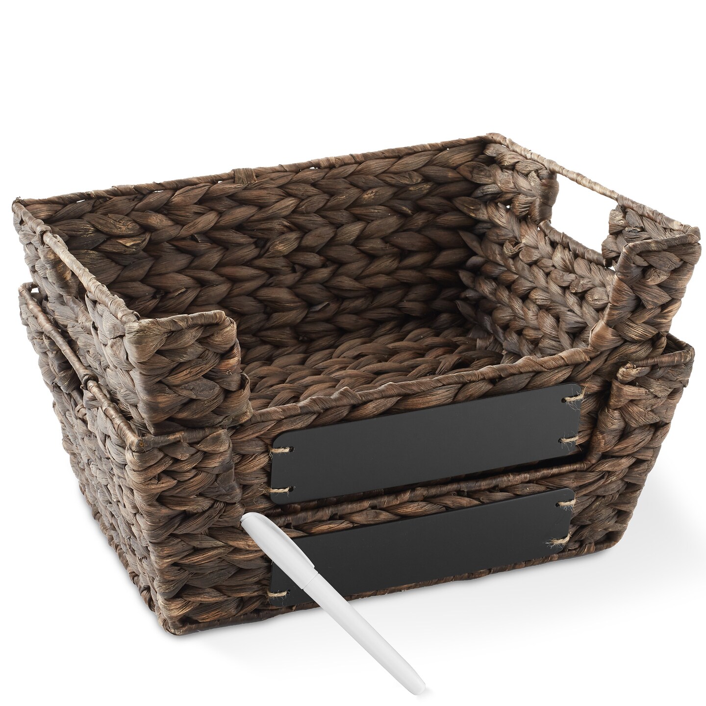 Casafield Set of 2 Water Hyacinth Seagrass Pantry Baskets with Handles, Chalkboard Labels, and Marker, Wide Woven Storage Bin Organizers for Kitchen
