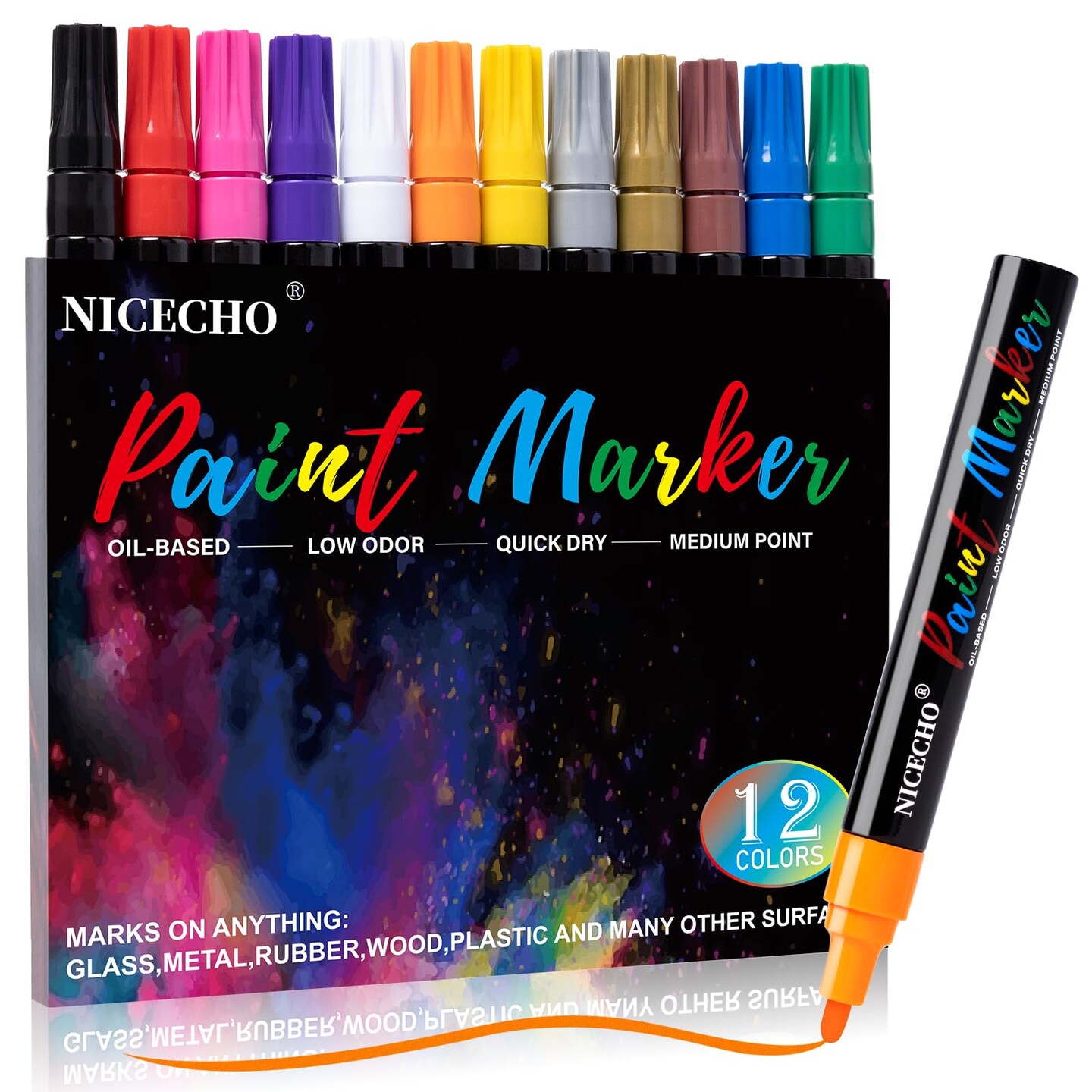 12 Colors Permanent Paint Markers Medium Tip Never Fade Quick Drying and Waterproof Marker Set for Metal, Wood, Fabric, Tire, Stone, Canvas, Mugs, Glass, DIY Craft