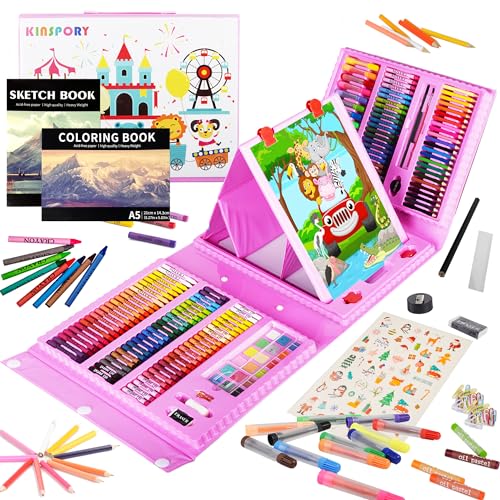 290 Pieces Art Sets Crafts Drawing Coloring kit, Double-Side Trifold Easel, Oil Pastels, Crayons, Colored Pencils, Creative Gift for Beginners Artists Girls Boys Kids (Pink)