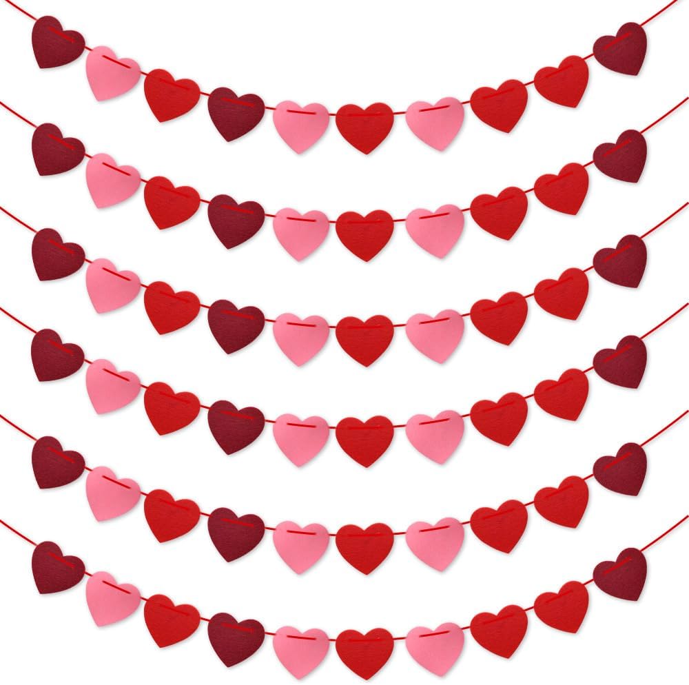 Valentines Day Decor, Pre-Strung Hanging Heart Garland for Mantle, Wall, Party - Valentines Decorations for Home - 6 Strips of Valentines Day Garland