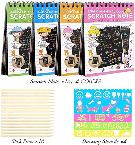 16 Pieces Drawing Notebook Set, Scratch Art Paper Rainbow Mini Notes, Sketch Drawing Pad for Kids Party Favors&#xFF08;with 16 Wooden Stylus &#x26; 4 Drawing Stencils&#xFF09;