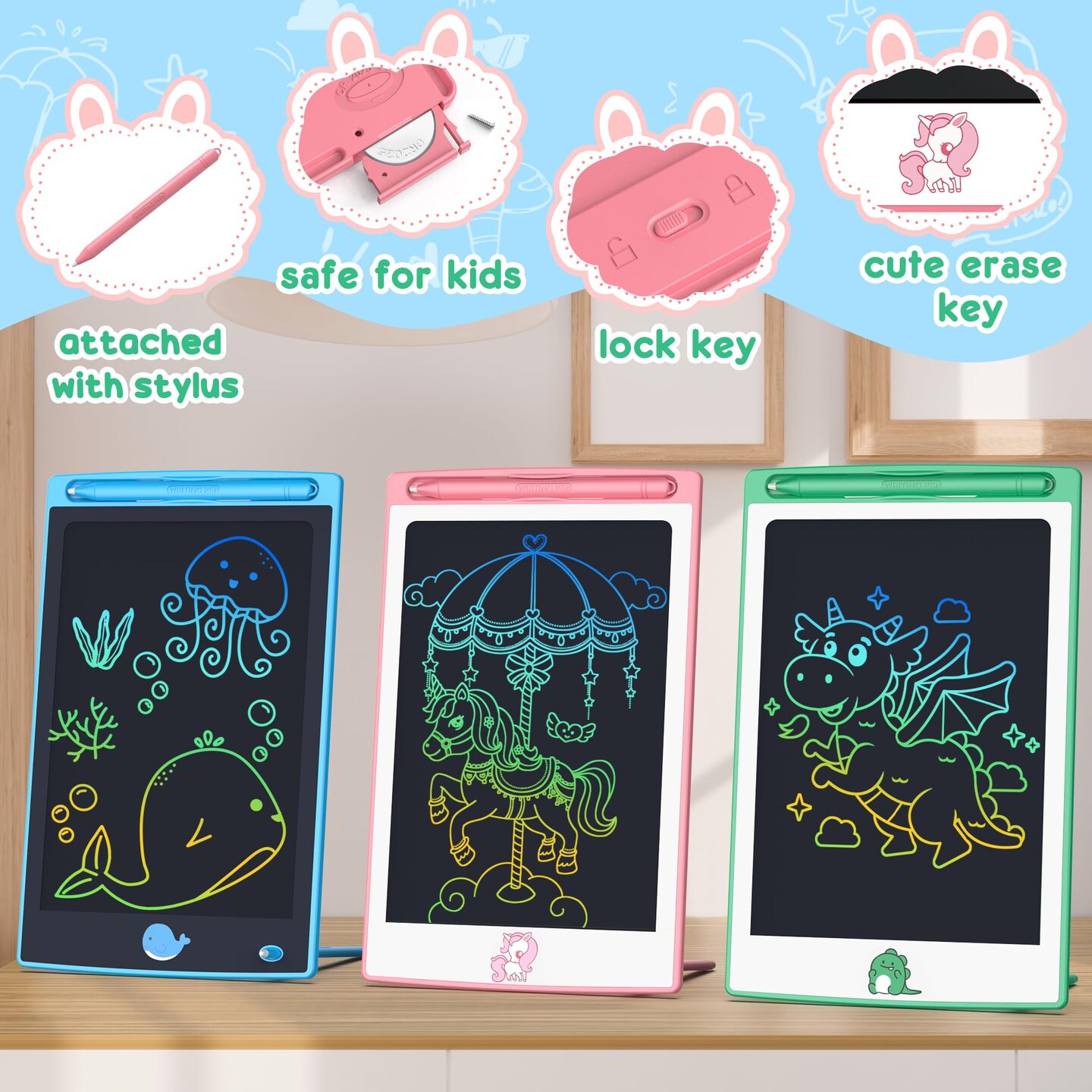 3 PCS in 1 Pack  Toys LCD Writing Tablet Toddler,Toys for Boys Girls 3 4 5 6 7 8year, Drawing Pad Toy Easter Basket Stuffers for Kids,Drawing Tablet Doodle Board Cute Dinosaur Unicorn 8.8 Inch