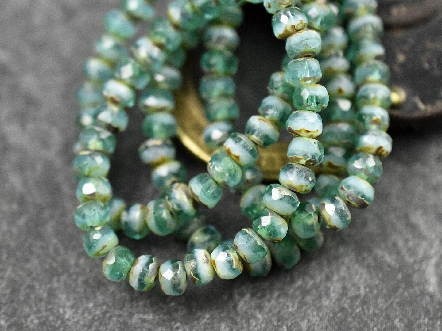 *30* 3x5mm Blended Emerald Green &#x26; Pale Sapphire Picasso Fire Polished Rondelle Beads