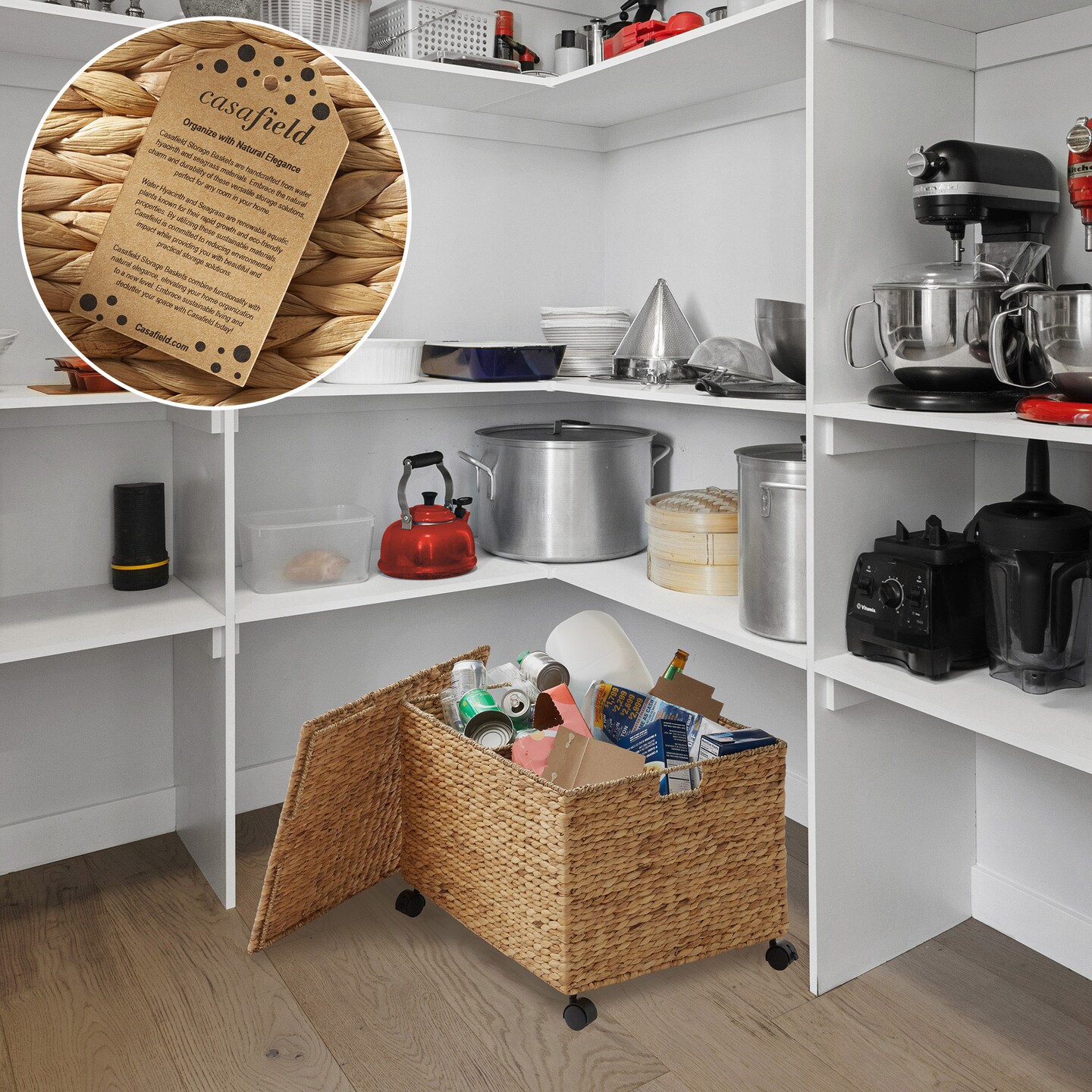 Casafield Rolling Storage Basket Cart with Lid and Locking Wheels - Handwoven Water Hyacinth Divided Recycling Sorting Bin for Kitchen, Laundry Room, Garage