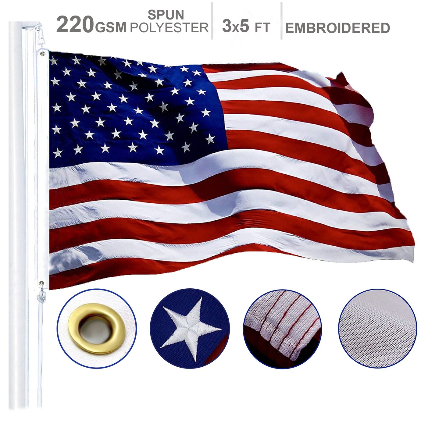 G128 American Flag 220GSM Embroidered Spun Polyester 3x5 Ft