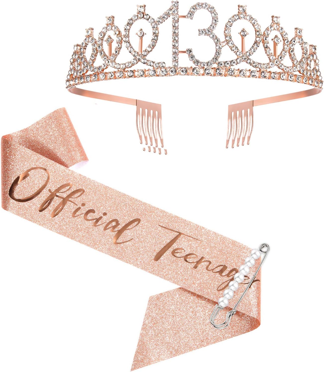 13th Birthday Sash and Crown for Girls, Rose Gold Official Teenager Sash and Tiara for Girls, 13th Birthday Gifts for Happy 13th Birthday Party Favor Supplies