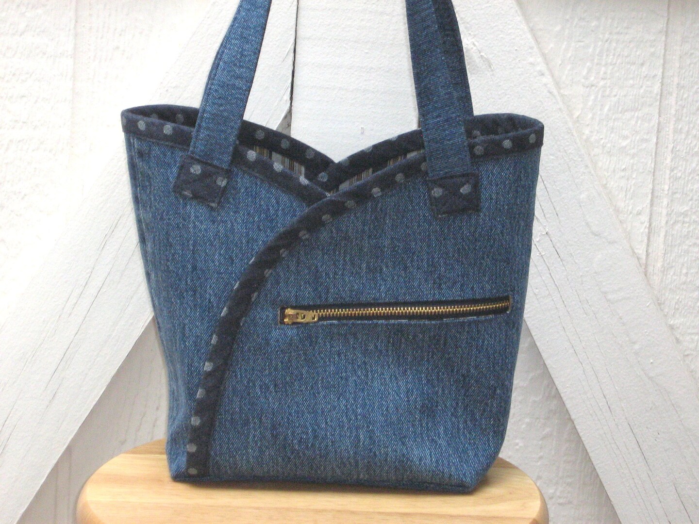 Upcycled Denim Handbag in Repurposed Blue Jeans Denim, Lined Mini Tote with Pockets, Gift for Her