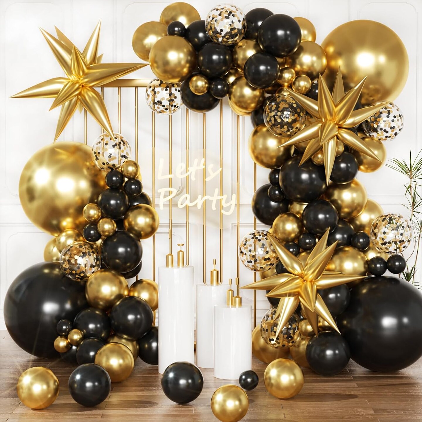 Black and Gold Balloons Garland Arch Kit, Black Gold Confetti Balloons with Starburst Balloons for 2024 Graduation Class Wedding Retirement Anniversary Birthday Party Decorations