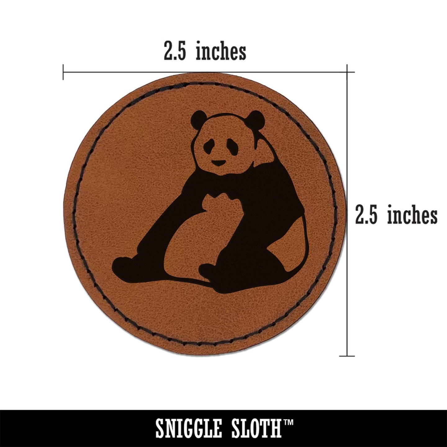 Giant Panda Bear Sitting Round Iron-On Engraved Faux Leather Patch Applique - 2.5&#x22;