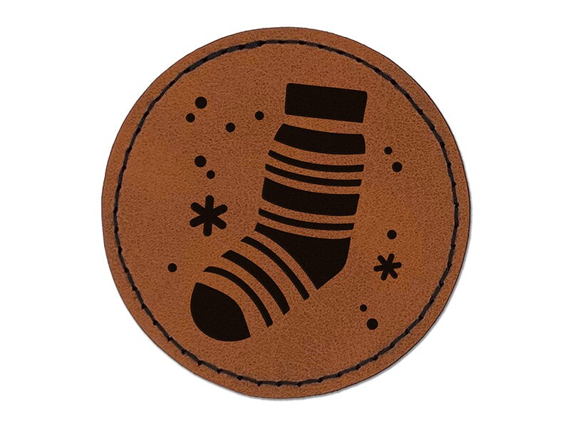 Christmas Stocking Sock Round Iron-On Engraved Faux Leather Patch Applique - 2.5&#x22;