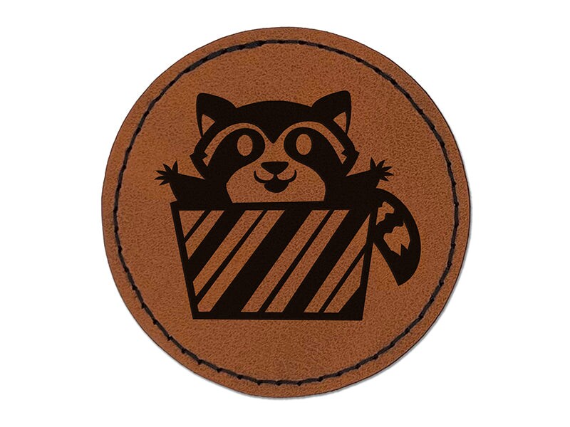 Raccoon Jumping Out Present Christmas Holiday Round Iron-On Engraved Faux Leather Patch Applique - 2.5&#x22;