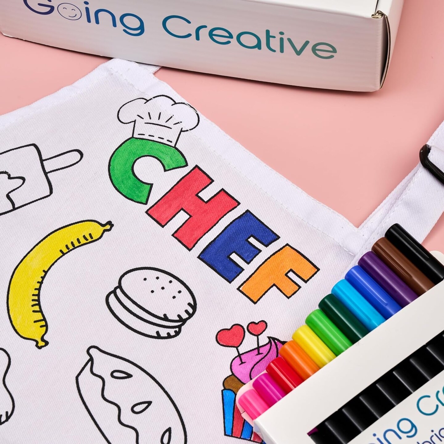 Color-An-Apron Kit - Interactive Coloring Kit with Favorite Foods &#x26; Words plus 12 Fabric Markers for Kids - Fun &#x26; Educational Craft for Young Chefs 4-10 Years Old