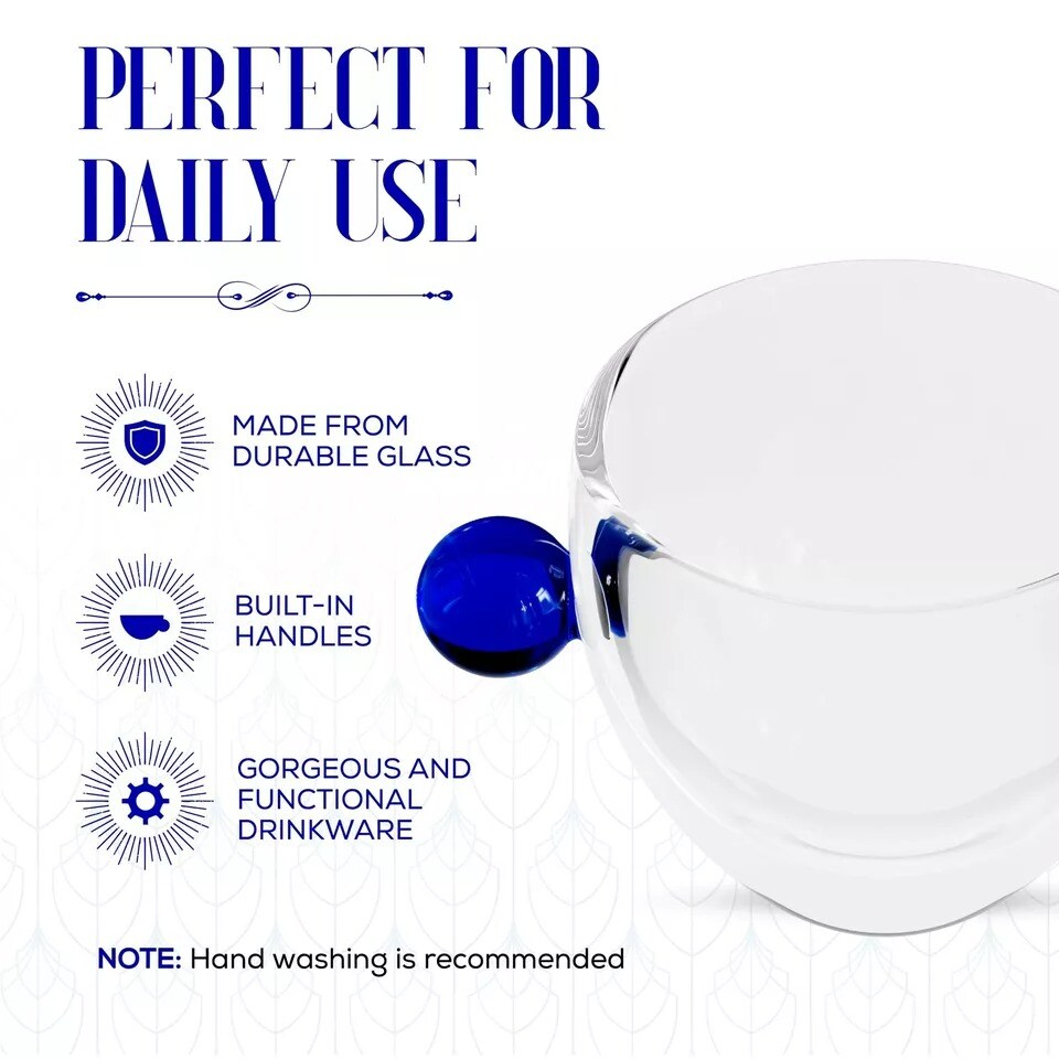 Elle Decor Double Wall Glass Coffee Mugs with Colored Handle, 9-Oz, Set of 2